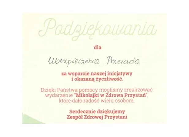 Podziękowanie Zdrowa Przystań
