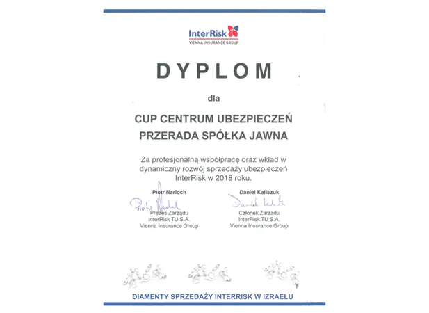 Dyplom InterRisk 2018 - za wkład w rozwój sprzedaży