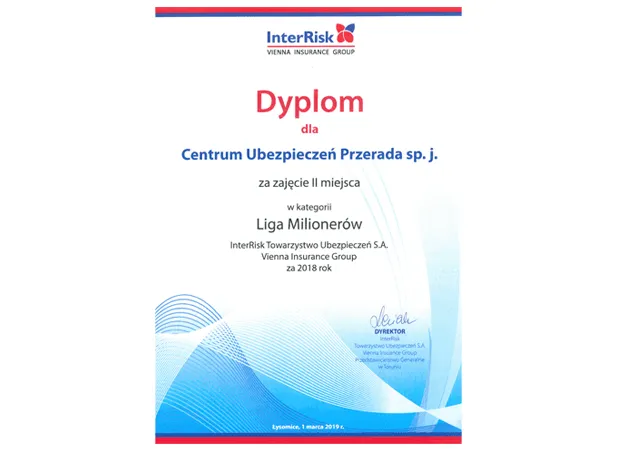 Dyplom InterRisk - II miejsce, Liga Milionerów 2018