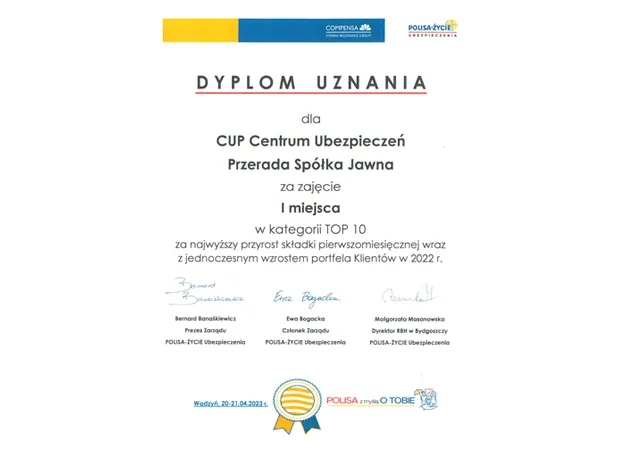 Dyplom uznania Polisa-Życie 2022