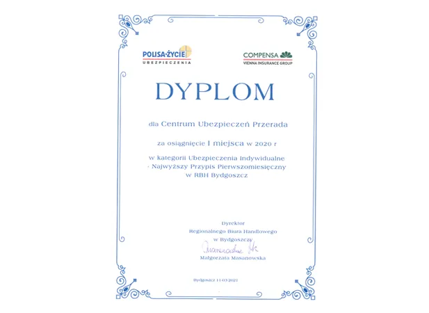 Dyplom Polisa-Życie 2020 - I miejsce
