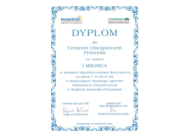 Dyplom Polisa-Życie 2019 - I miejsce
